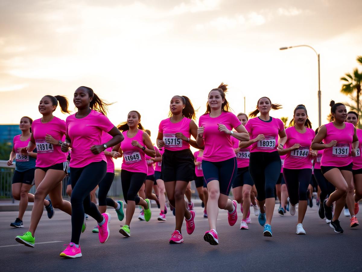 Pelotão de atletas da Pink Club Run largando ao amanhecer