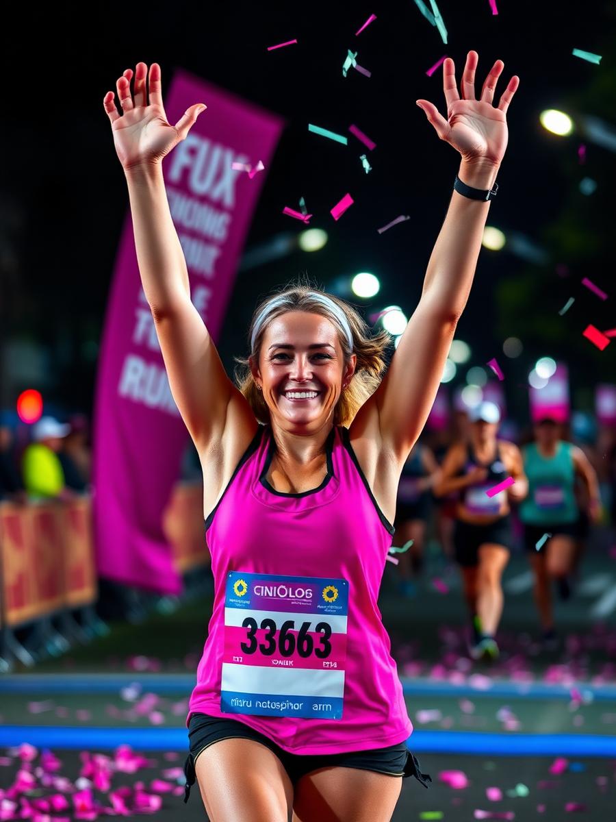 Atleta cruzando a linha de chegada com os braços erguidos