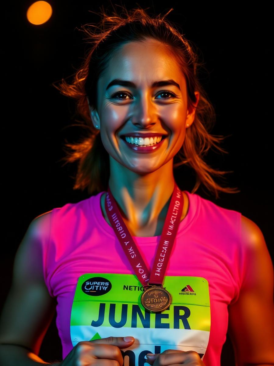 Atleta sorrindo com a medalha da prova